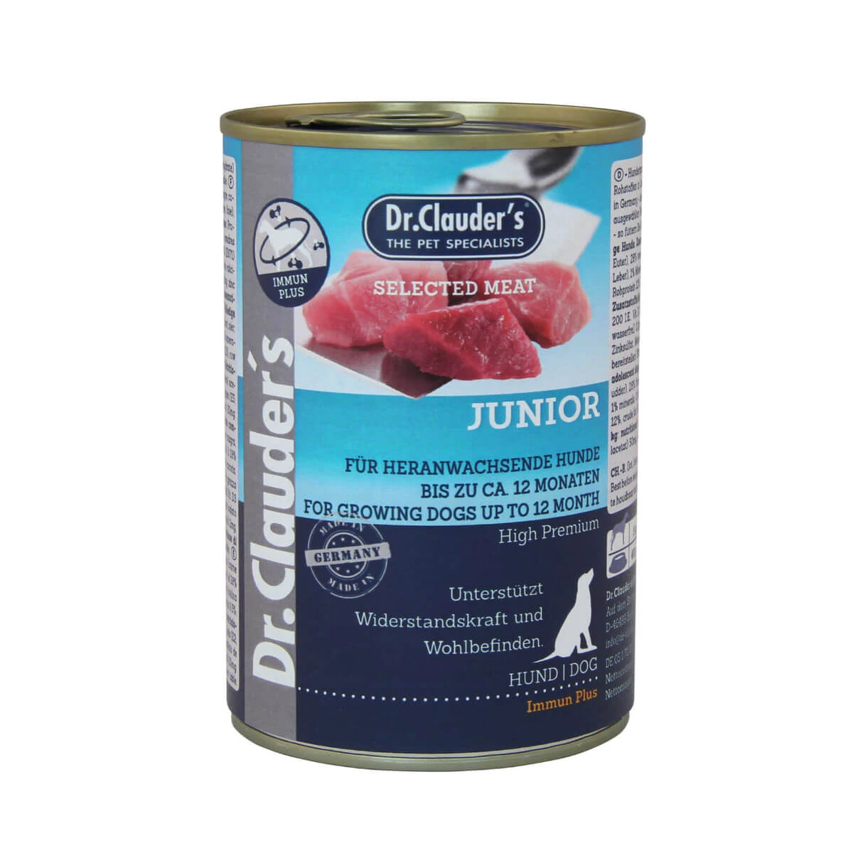 DR. CLAUDER'S Selected Meat Junior, XS-XL, Rind und Geflügel, getreidefreies Nassfutter in Dosen für junge Hunde, (im eigenen Saft), 400g