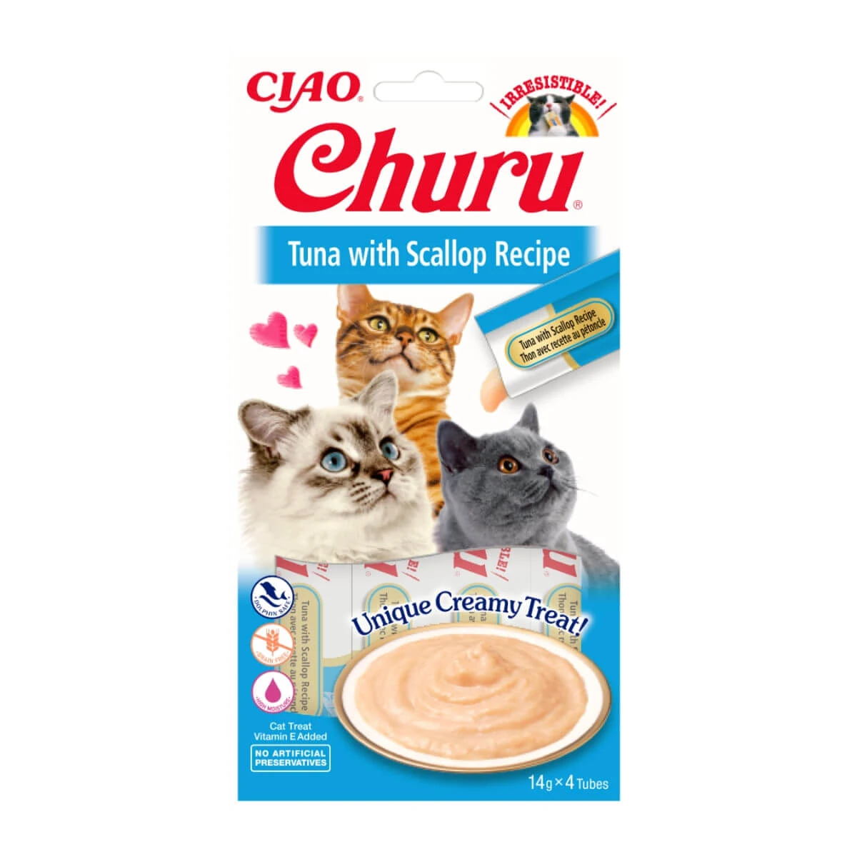 INABA CIAO Churu Pure, Thunfisch und Jakobsmuscheln, getreidefreie flüssige Katzenleckerlis, cremiges Topping, 14g x 4