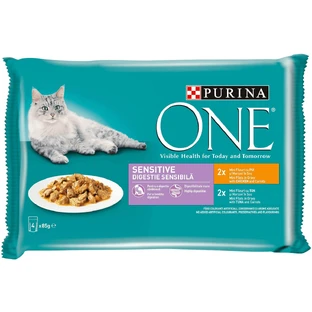 PURINA One Sensitive, Pollo/Atún, sobre mixto comida húmeda para gatos, sensibilidades digestivas, (en salsa), 85g x 4