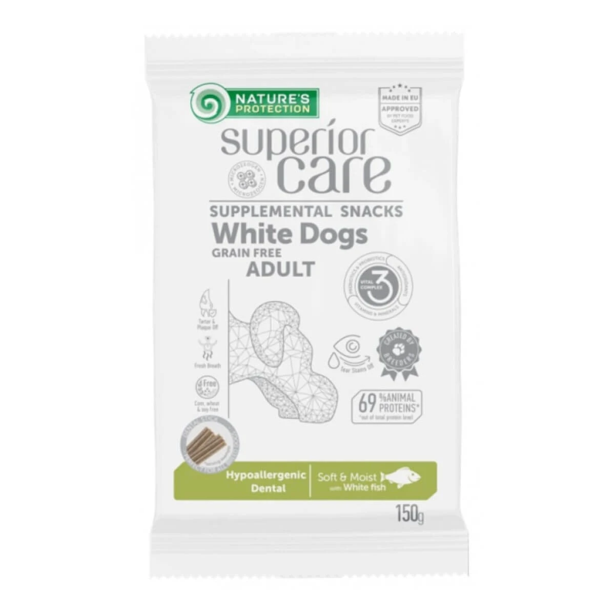 NATURES PROTECTION Superior Care Superior Care White Fur, Weißer Fisch, getreidefreie funktionelle Belohnungen für Hunde, weißes Fell, Mundhygiene,
