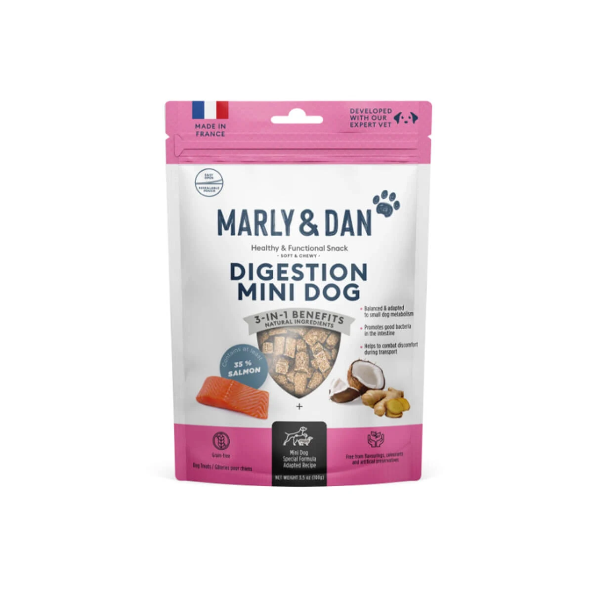 MARLY&DAN Digestion Mini Dog, XS-S, Lachs, funktioneller getreidefreier Belohnungsbeutel für Hunde, Verdauungssystem, 50g