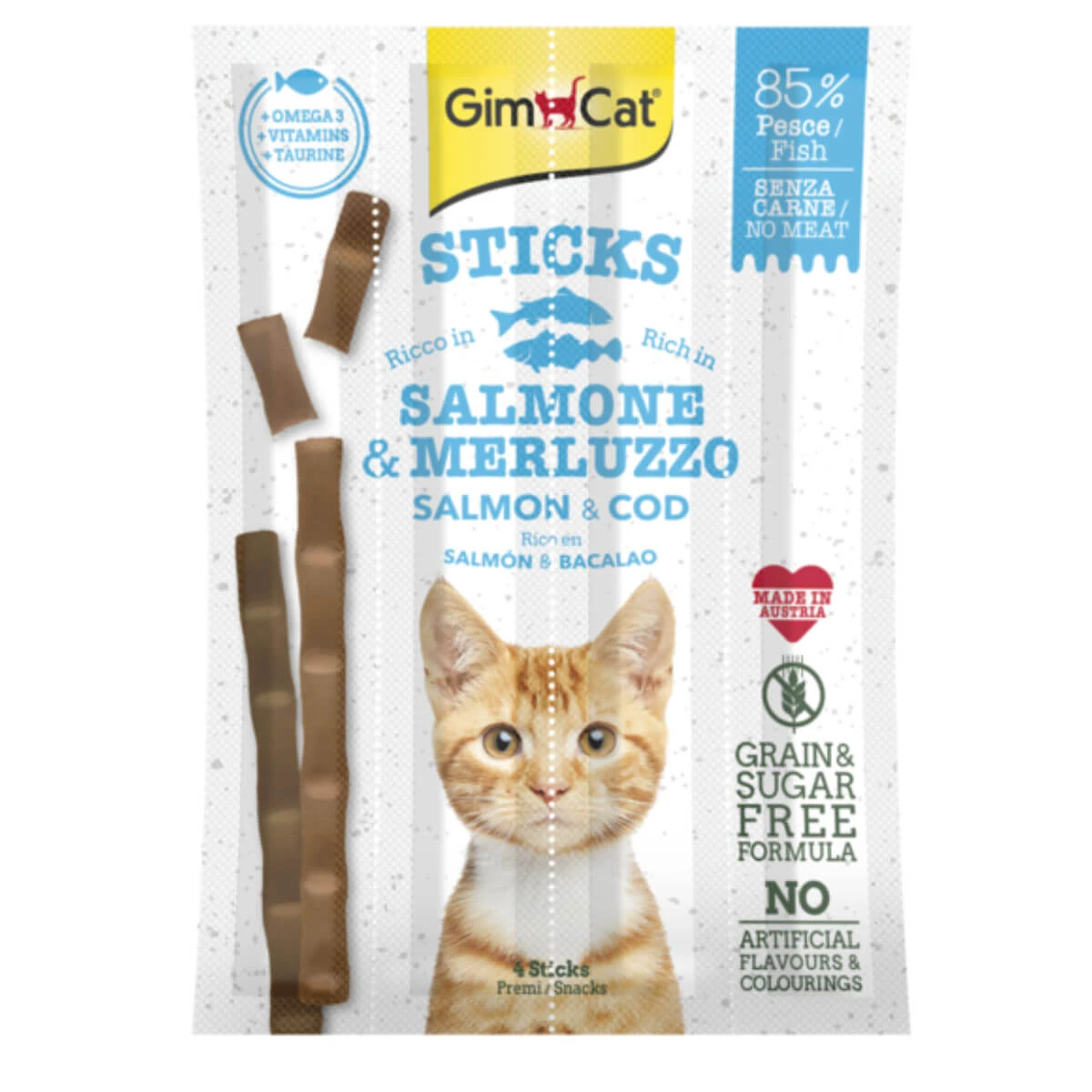 GIMCAT Sticks, Lachs und Kabeljau, getreidefreier Belohnungsbeutel für Katzen, 20g