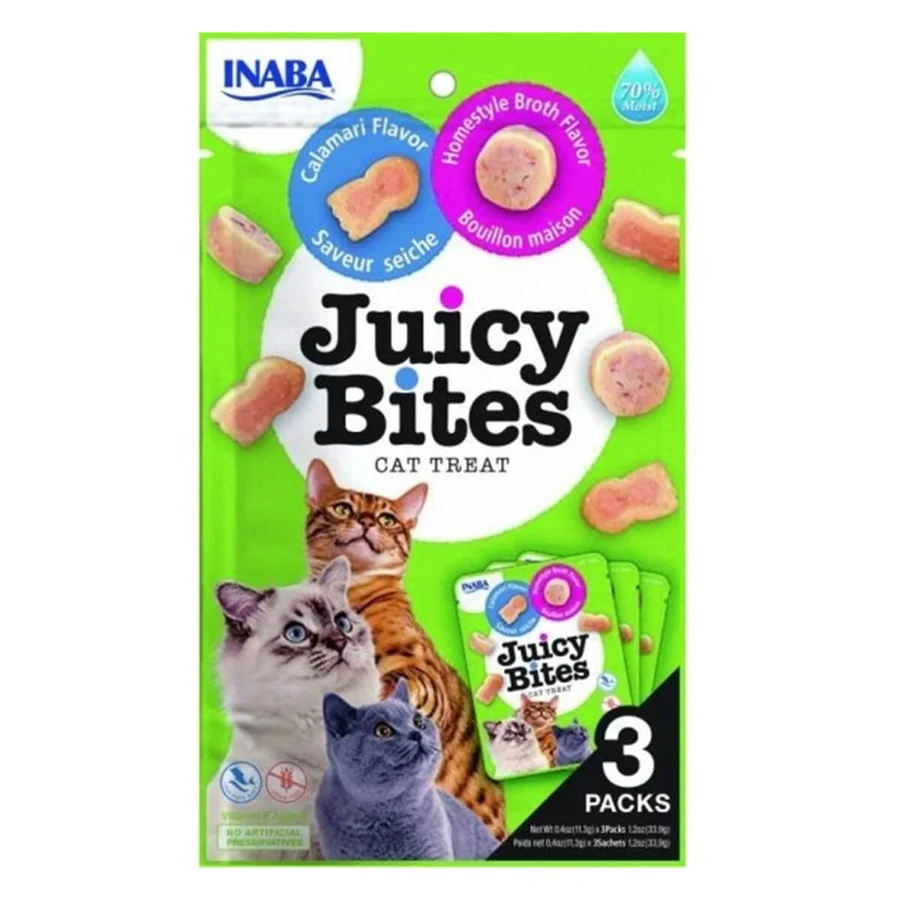 INABA Juicy Bites Homestyle Bouillon & Calamari Smaak, Calamari, zakje graanvrij kattenvoer, 33,9g