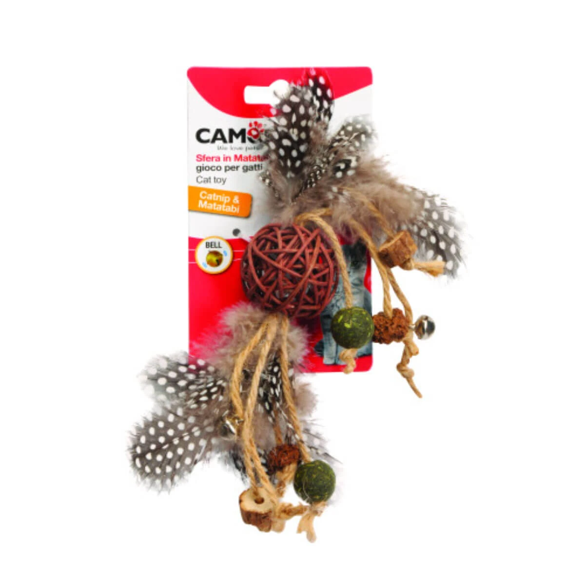 CAMON Matabi Matabi Rope & Clog Ball, Stalking-Spielzeug für Katzen, mit Geräuschen, Katzenminze, Jute, multicolor, 24cm, 1 Stk, 1 Stk