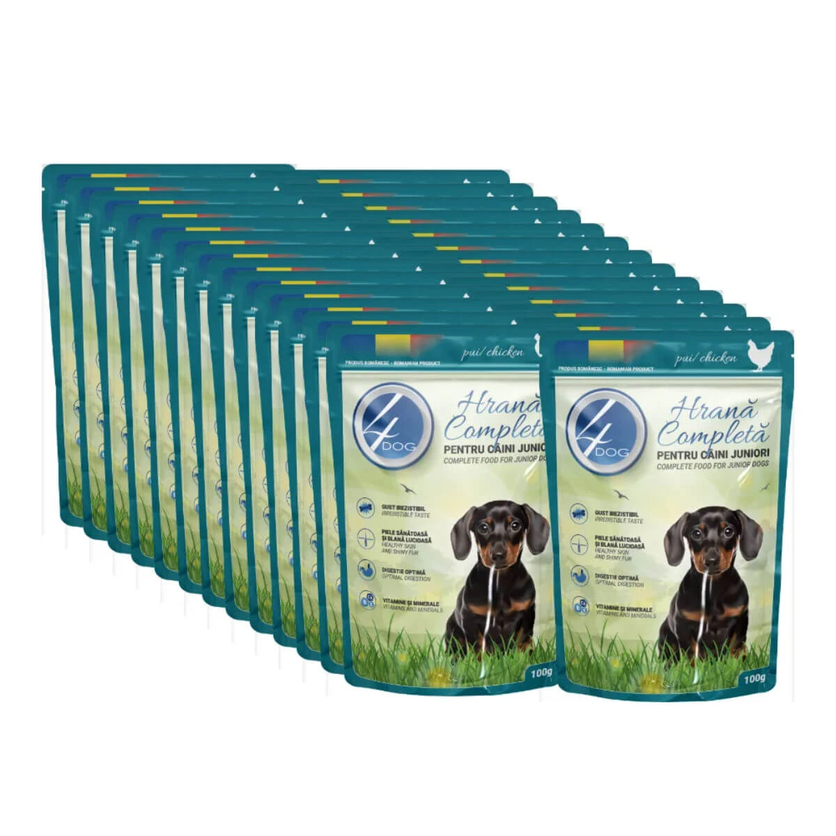 4DOG Junior, XS-XL, Huhn, Beutel Nassfutter für junge Hunde, (in Sauce), bax, 100g x 24 Stück
