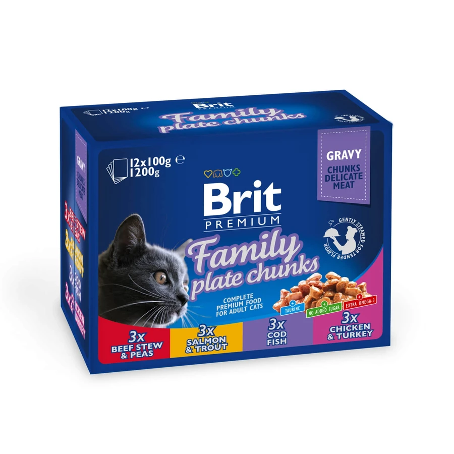 BRIT Premium Multipack Family Plate, 4 saveurs, mixed pack, sachet de nourriture humide pour chats, (en sauce), 100g x 12