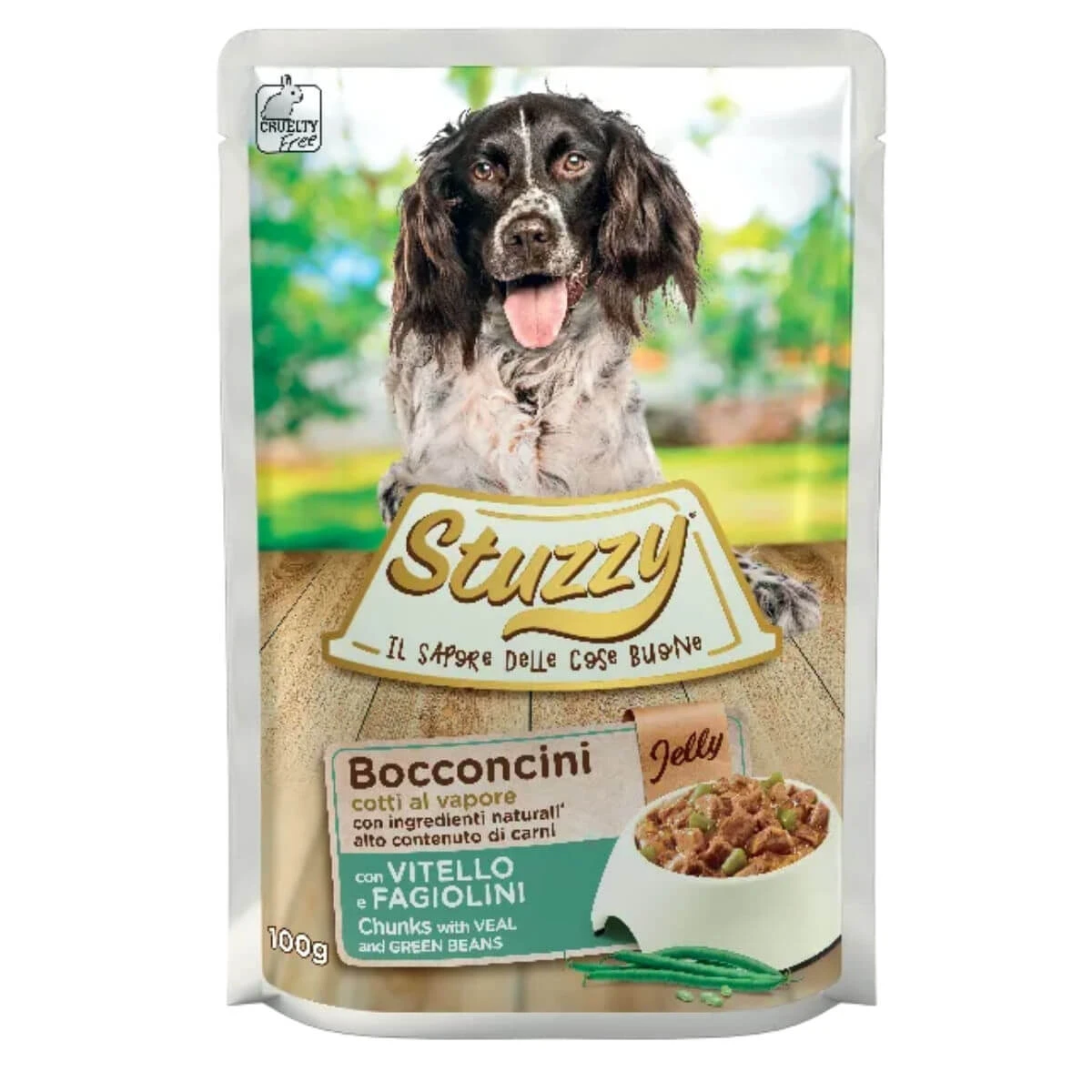 STUZZY Chunks, XS-XL, Kalbfleisch und grüne Bohnen, Beutel Nassfutter für Hunde, (in Aspik), 100g