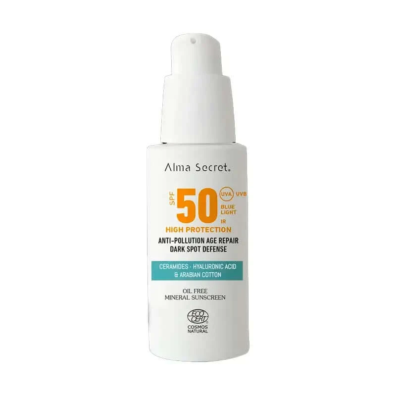 Alma Secret Solar Natural Facial Sunscreen Spf 50 mit Ceramiden, Anti-Flecken und ölfrei