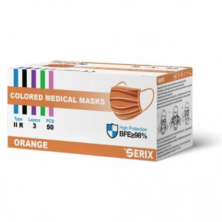 Medizinische Einwegmasken, Typ IIR, 3-lagig, 50 Stück, Orange, Serix