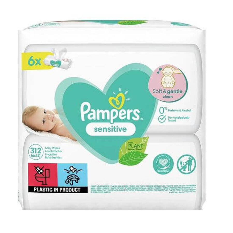 Pachet servetele umede Sensitive, 6x52 bucati, Pampers