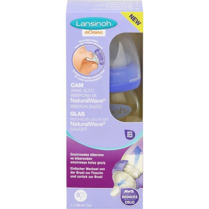LANSINOH Weithalsflasche Glas 160 ml mit Sauger S 1 St
