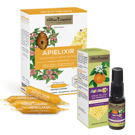 Apielixir Immunitäts- und Wohlfühlpaket, 20 Fläschchen x 10 ml + ApiJunior Propolis Rachenspray, 20 ml, Biene Carpathia