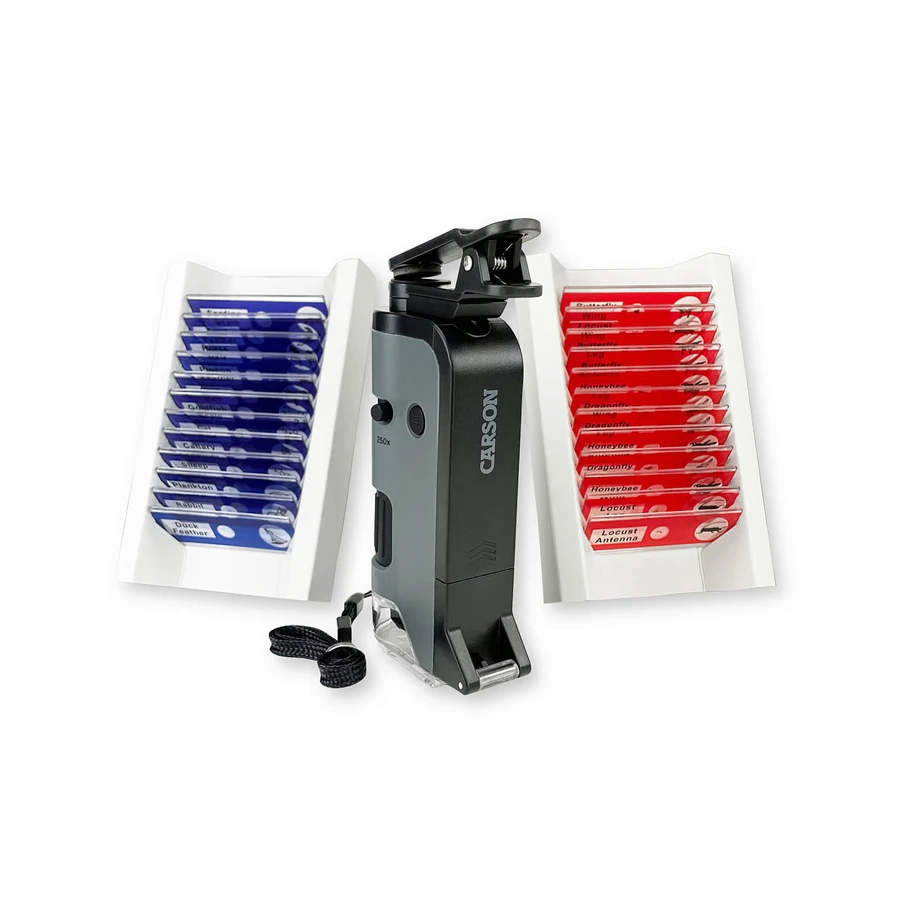 Microscopio portátil LED y UV con adaptador para smartphone, incluye 24 portaobjetos preparados, 100-250 aumentos, MicroFlip