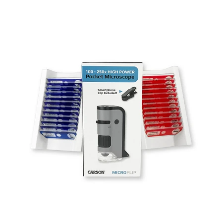 Microscopio portátil LED y UV con adaptador para smartphone, incluye 24 portaobjetos preparados, 100-250 aumentos, MicroFlip