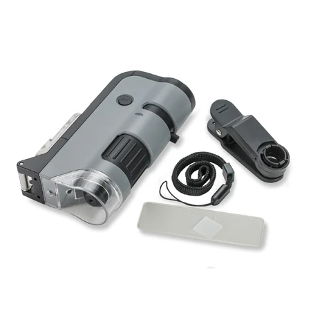 Microscopio portátil LED y UV con adaptador para smartphone, incluye 24 portaobjetos preparados, 100-250 aumentos, MicroFlip