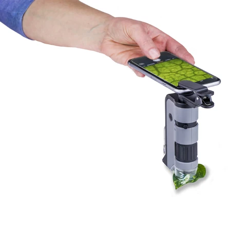 Microscopio portátil LED y UV con adaptador para smartphone, incluye 24 portaobjetos preparados, 100-250 aumentos, MicroFlip