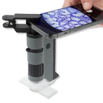 Microscopio portátil LED y UV con adaptador para smartphone, incluye 24 portaobjetos preparados, 100-250 aumentos, MicroFlip