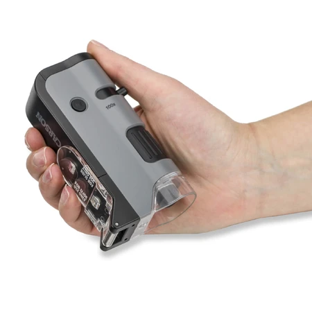 Microscopio portátil LED y UV con adaptador para smartphone, incluye 24 portaobjetos preparados, 100-250 aumentos, MicroFlip