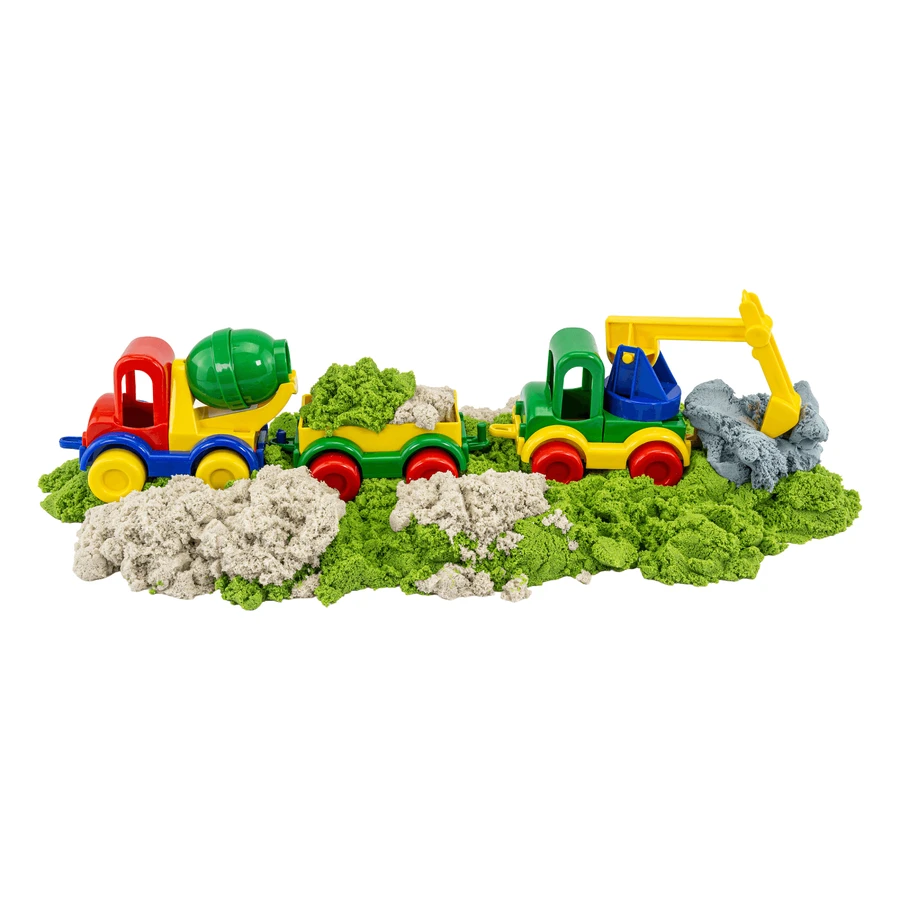 Jeu sensoriel avec sable dynamique, sable pelucheux et véhicules - Chantier de construction