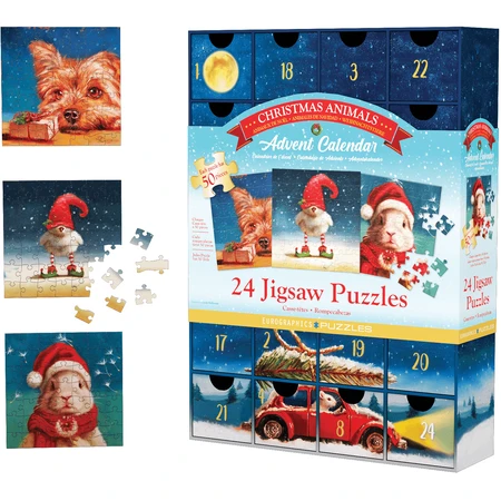 Adventkalender Dieren en Kerstmis, 24 legpuzzels, 50 stukjes
