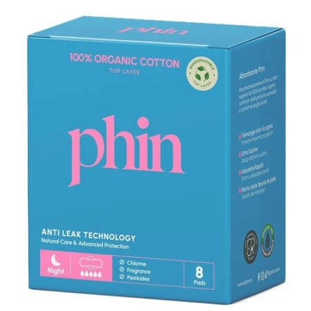 Nachtpads aus Bio-Baumwolle, 8 Stück, Phin