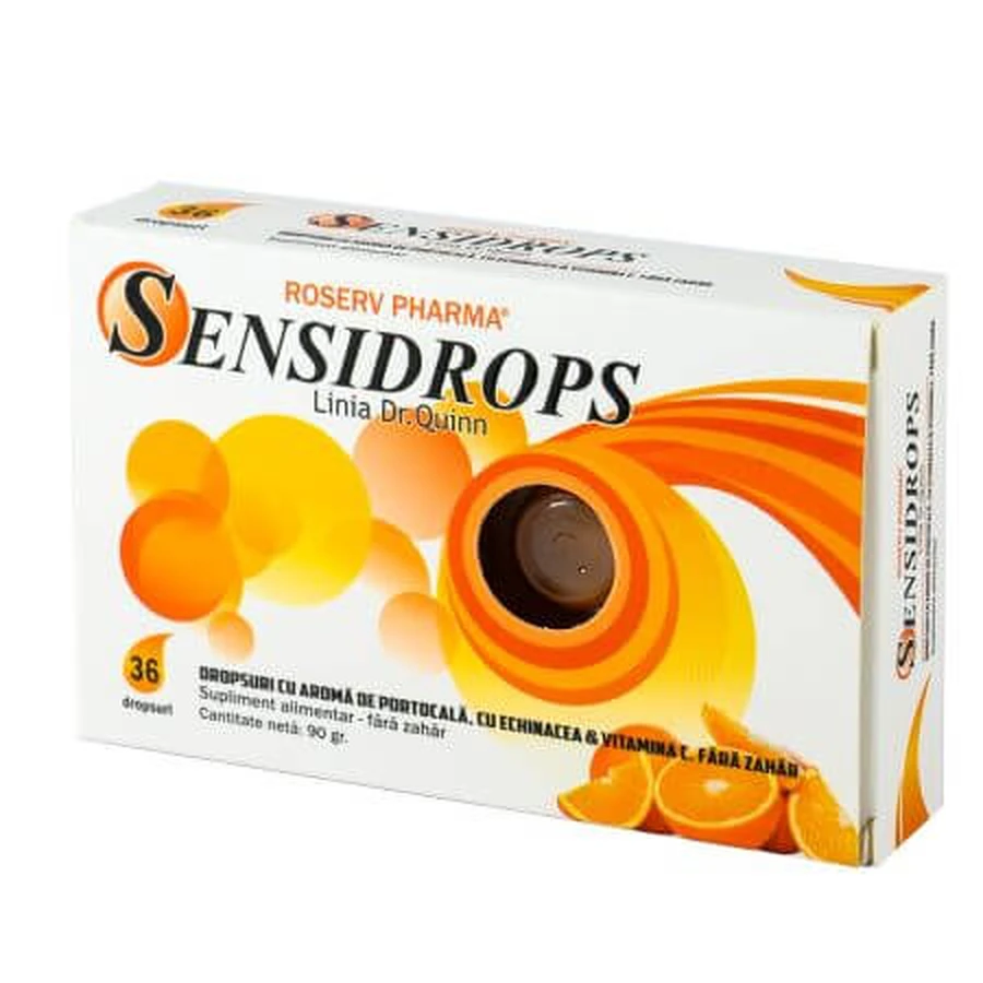 Sensidrops cu aroma de portocala, echinaceaa si vitamina C, 36 dropsuri, Linia Dr.Quinn
