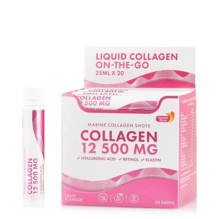 Liquid Hydrolyzed Marine Collagen mit 12.500 mg + Hyaluronsäure 50 mg + Retinol 800 mcg + Elastin 10 mg, 20 Fläschchen x 25 ml, Swedish Nutra