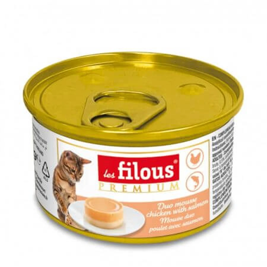 Wet food with chicken and salmon for cats Duo Mousse, 85 g, Les Filous