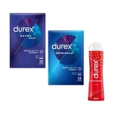 Packung Prezervative Extra Safe, 18 Stück + Prezervative Originals, 18 Stück + Strawberry Lubricant, 50 ml, Durex