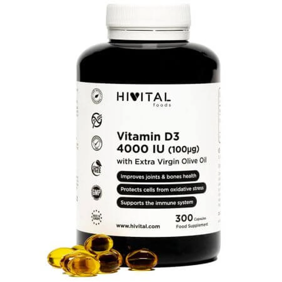 Vitamina D3, 4000 UI, 300 cápsulas, Hivital