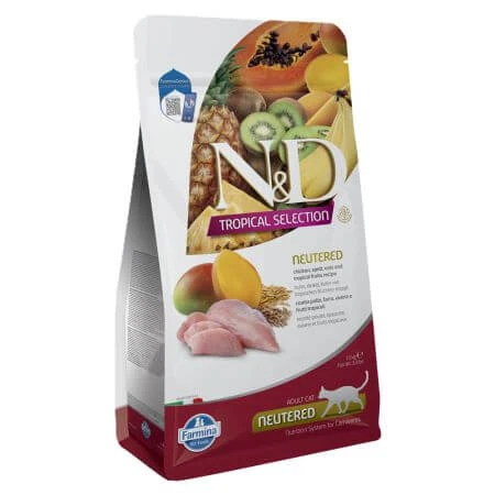 Trockenfutter mit Huhn, Dinkel, Hafer und tropischen Früchten für sterilisierte erwachsene Katzen Tropical Selection Adult Cat Neutered N&D, 1,5 kg,