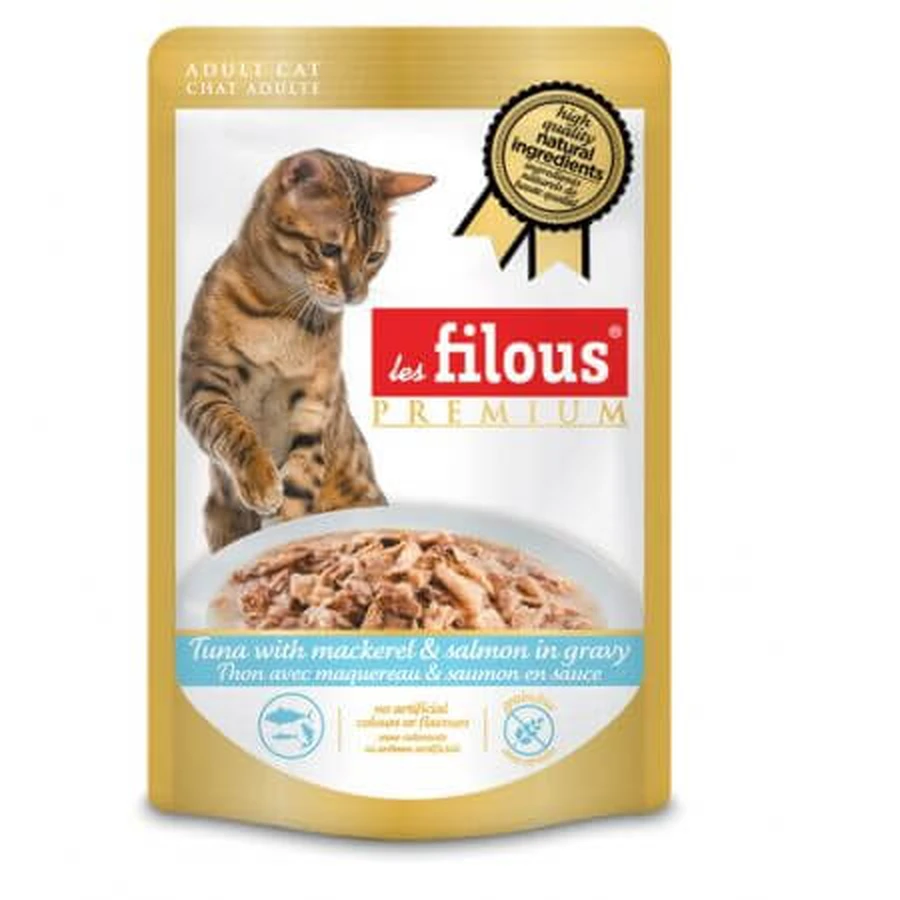 Hrana umeda cu ton, macrou si somon in sos pentru pisici, 80 g, Les Filous