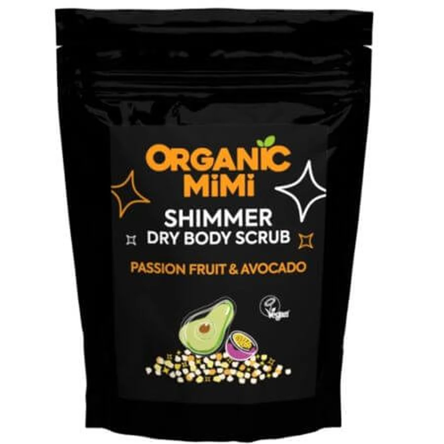 Scrub stralucitor cu fructul pasiunii si avocado Shimmer Dry Body Scrub, 150 g, Organic Mimi