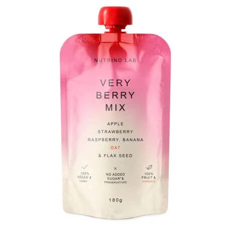 Pasteurisiertes Püree mit Äpfeln, Erdbeeren, Himbeeren, Bananen, Hafer und Very Berry Mix, 180 g, Nutrino Lab