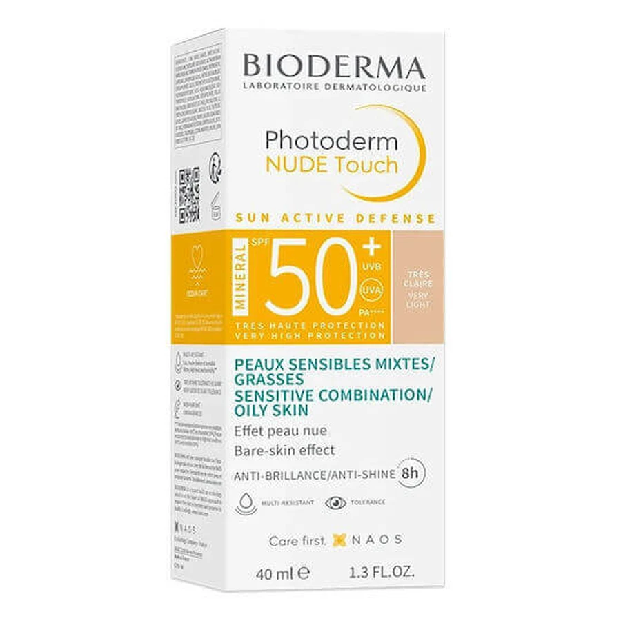 BIODERMA Photoderm Nude Touch Mineral SPF50+ Tres Claire Cremă de protecție solară cu acoperire ușoară pentru față foarte ușoară 40ml
