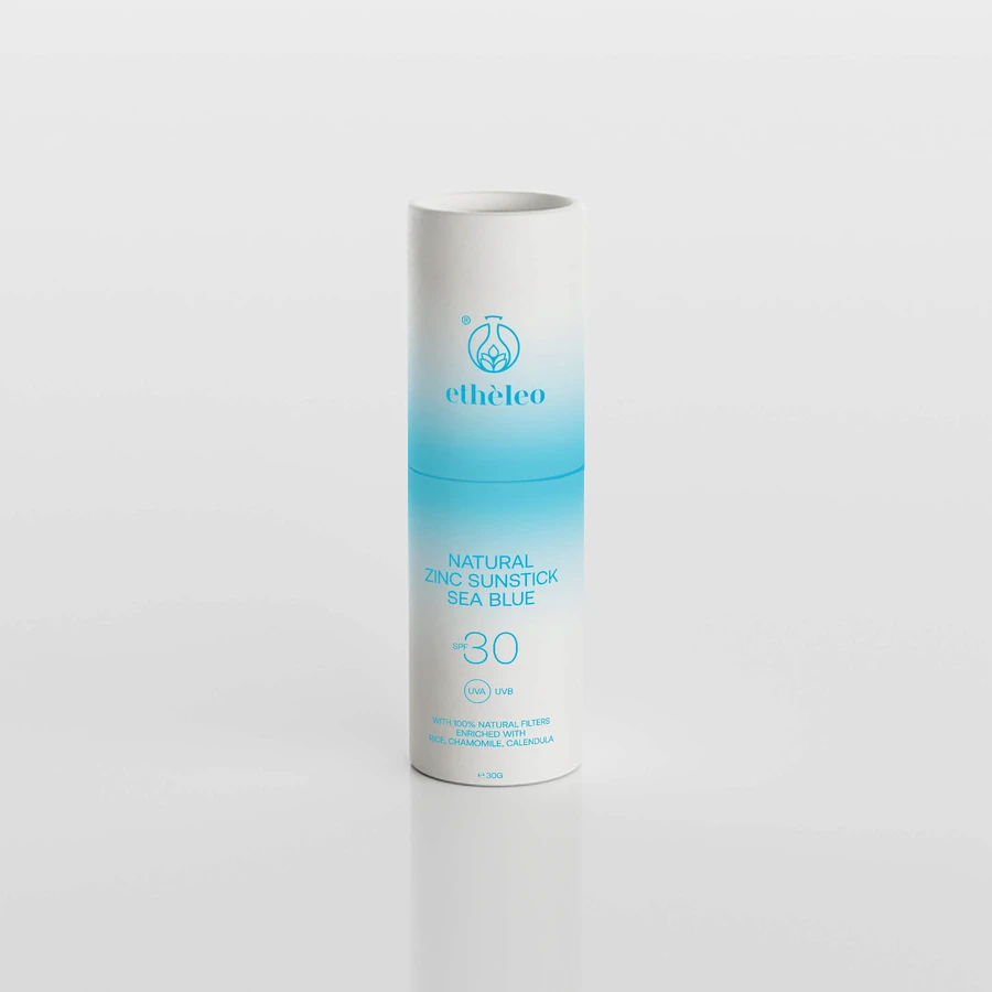 ETHELEO Natuurlijke Zink Zonnelak Zeeblauw SPF30 Zonnebrandstick voor de gevoelige zones van het gezicht SPF30 30g