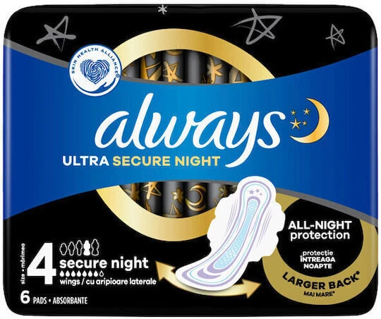 ALWAYS Ultra Secure Night 4 InstantDry Hochsaugfähige Binden mit Flügeln, 6 Stück