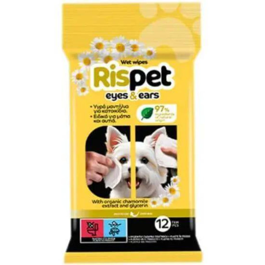 RISPET Eyes & Ears Wet Toallitas húmedas para mascotas Toallitas limpiadoras para ojos y oídos 12 unidades