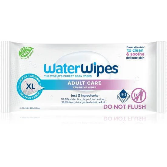 WATERWIPES Adult Care Sensitive Wipes Reinigungstücher für Erwachsene XL, 100% plastikfrei, geruchsneutral, 99,9% Wasser 30 Stück