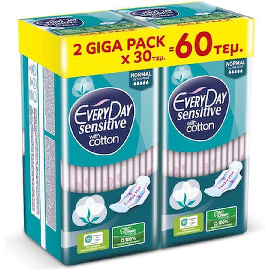 EVERYDAY Maandverband Sensitive Katoen Normaal Ultra Plus Giga Pak 60 Stuks 2x30