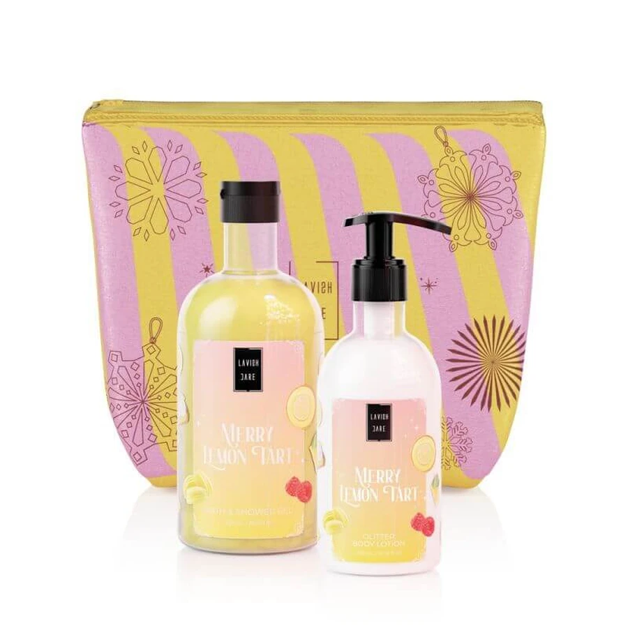 LAVISH CARE Lemon Tart Christmas Set Gel de baie și duș 500ml & Loțiune de corp cu sclipici 300ml