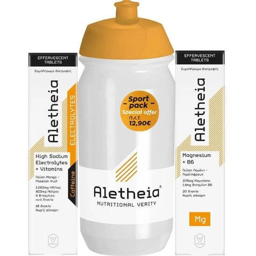 ALETHEIA Promo High Sodium Electrolytes + Vitamins + Caffeine 18 Effervescent Tablets & Magnesium + Vitamin B6 20 Effervescent Tablets & Gift Sport Bottle 500m