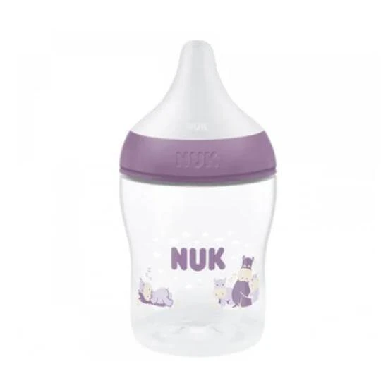 NUK Perfect Match Kunststoff-Flasche 0m+ mit Temperaturkontrollanzeige mit Silikon-Sauger 150ml Farbe lila, Nilpferd, 150ml, 1St