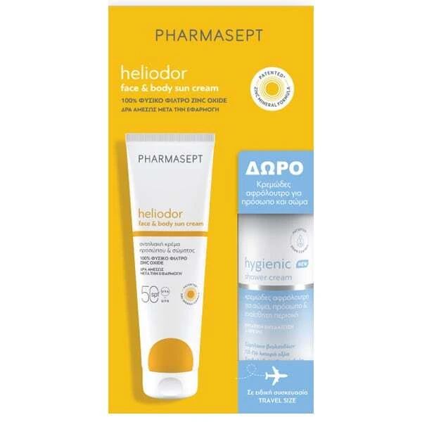 PHARMASEPT Heliodor Promo mit Heliodor Gesichts-Sonnencreme SPF50 Sonnenschutz-Gesichtscreme, 150ml & Hygienische Duschcreme Cremiges Duschgel, 100ml