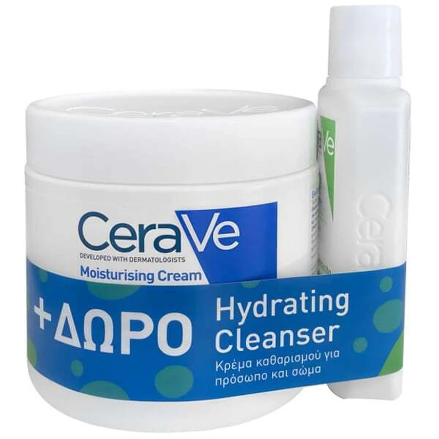 CERAVE Promo Moisturising Cream Feuchtigkeitscreme für Gesicht & Körper 454g & Geschenk Hydrating Cleanser Feuchtigkeitsspendende, nicht scheuernde Reinigungscreme für Gesicht & Körper mit Hyaluronsäure 88ml