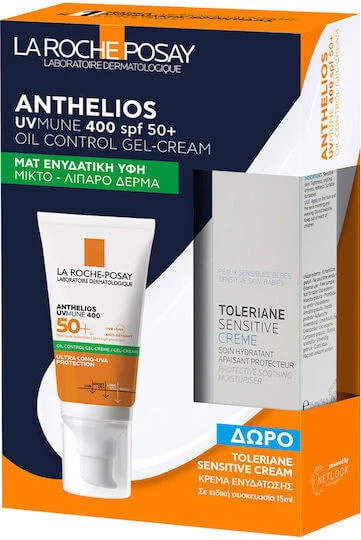 LA ROCHE POSAY Promo Anthelios UVMUNE 400 Oil Control Gel Cream SPF50+ Sunscreen Face Cream for Matte Finish & Geschenk Toleriane Sensitive
