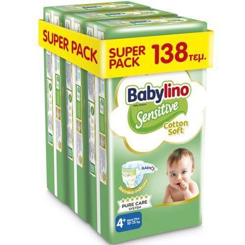 BABYLINO Sensitive Cotton Soft Windeln für Kinder No4+ 10-15kg (46x3) 138 Stück Super Pack