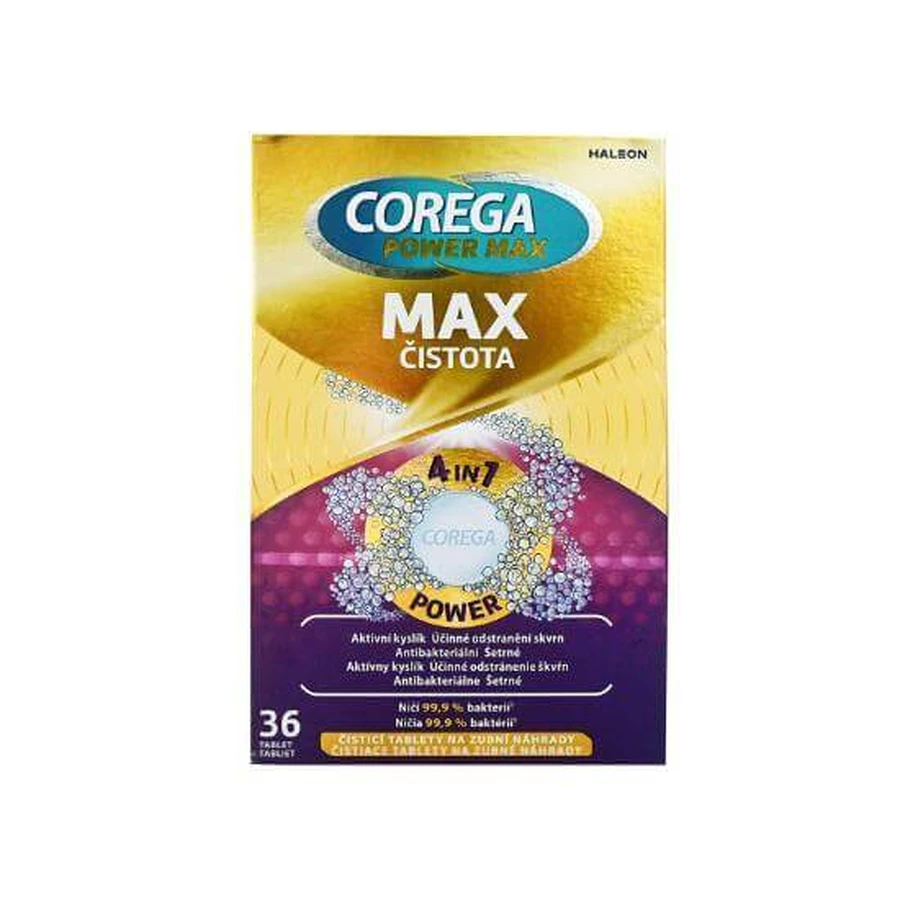COREGA Power Max Clean 4en7 Comprimidos Limpiadores Para Dentaduras Artificiales Con Más Oxígeno Activo, 36 Comprimidos