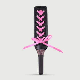 Leather Paddle With Laces & Rhinestone Handle - Black/Pink