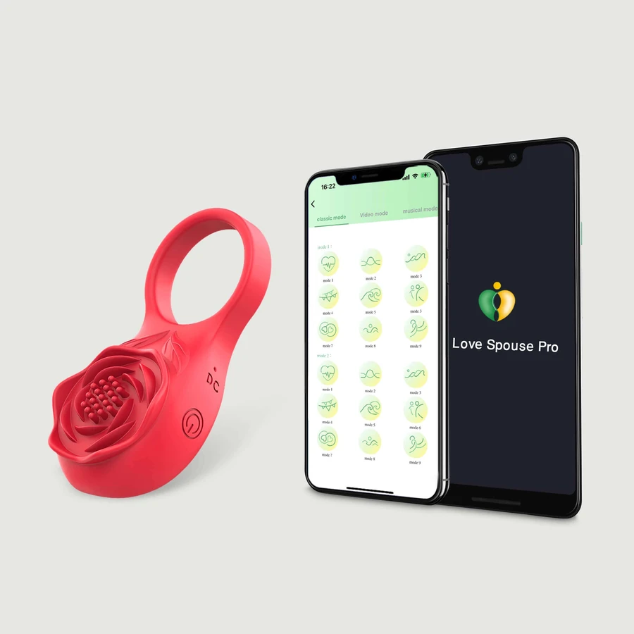 Silikonowy wibrujący pierścień na kutasa ze stymulatorem łechtaczki The Flower Clit App - czerwony: ceny i cechy